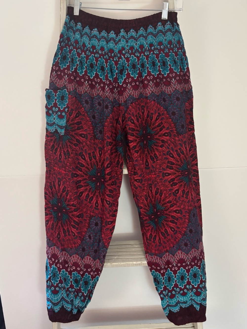 Bohemian Floral Mandala Lounge Pants, harem style pants, boho, Teal & Burgundy
